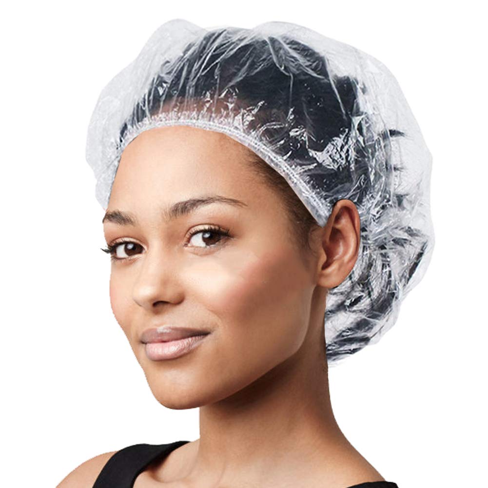 Disposable Hair Plastic Shower Cap - (Pack of 100) Clear Women Shower caps  Waterproof Bath Hat Processing Hair Cover for Treatment Spa Hair Salon and